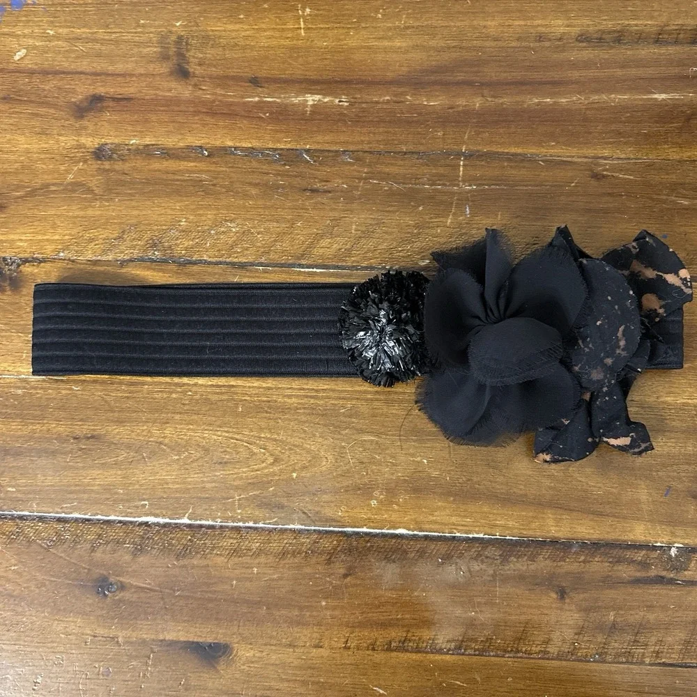 Vtg J.Crew Black Elastic Floral Waist Belt Rosette Chiffon Flower Cinch Y2K